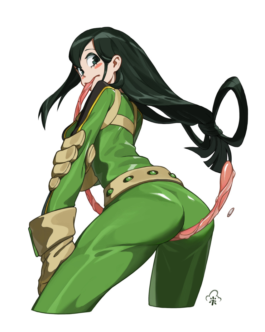 1girl, absurdres, ass, asui_tsuyu, blush_stickers, bodysuit, boku_no_hero_academia, chen_zhang, from_behind, gloves, green_bodysuit, green_eyes, green_hair, highres, long_hair, long_tongue, looking_back, low-tied_long_hair, simple_background, solo, tongue, very_long_hair, very_long_tongue, white_background