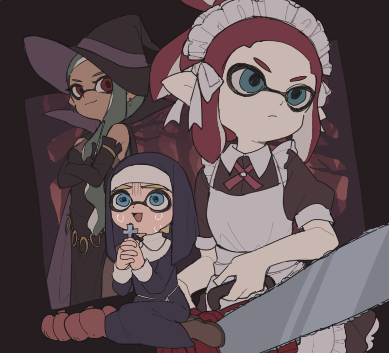 3girls, apron, bangs, belly_chain, black_background, black_dress, black_gloves, blonde_hair, blue_eyes, blunt_bangs, boots, brown_footwear, chainsaw, closed_mouth, collared_dress, commentary, cross, crossed_arms, crying, crying_with_eyes_open, dark_skin, domino_mask, dress, earrings, elbow_gloves, gloom_(expression), gloves, gomi_(kaiwaresan44), green_hair, habit, halloween_costume, holding, holding_weapon, inkling, jewelry, light_frown, long_hair, looking_at_viewer, maid, maid_apron, maid_headdress, mask, multiple_girls, nun, open_mouth, pointy_ears, praying, puffy_short_sleeves, puffy_sleeves, pumpkin, red_eyes, redhead, serious, short_hair, short_sleeves, side_ponytail, sitting, sleeveless, sleeveless_dress, smile, smirk, splatoon, splatoon_2, standing, tears, tentacle_hair, weapon, white_apron, witch, yokozuwari