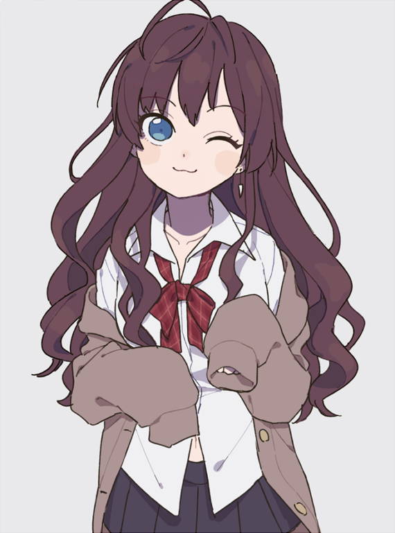 1girl, :3, ahoge, black_skirt, blue_eyes, blush_stickers, bow, bowtie