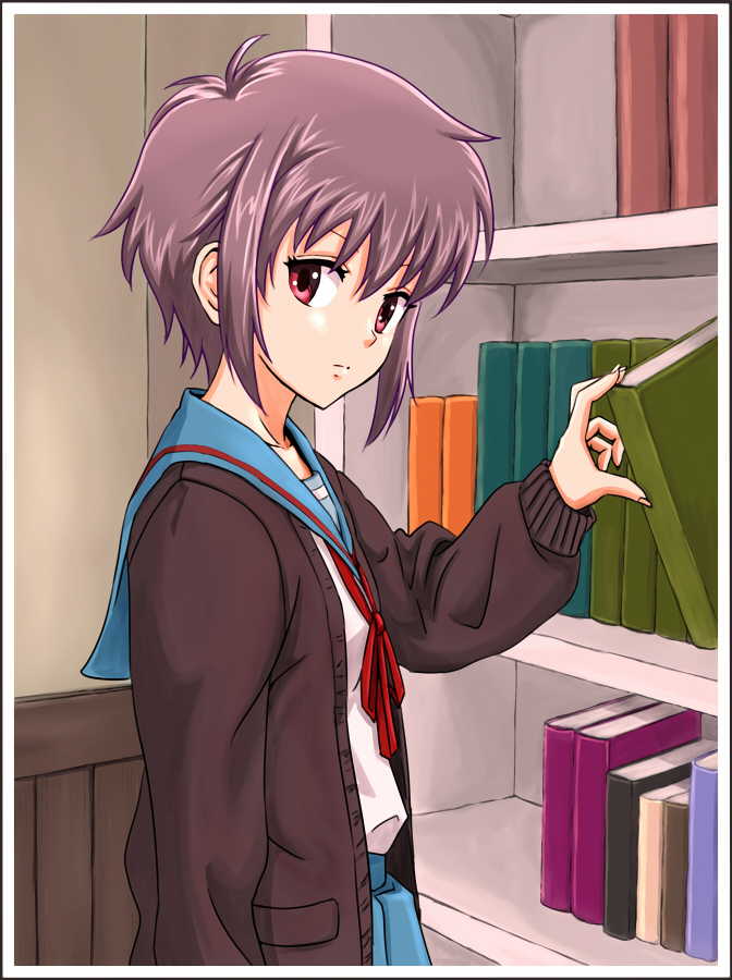 1girl, anbj, bangs, blue_skirt, book, bookshelf, cardigan, collarbone