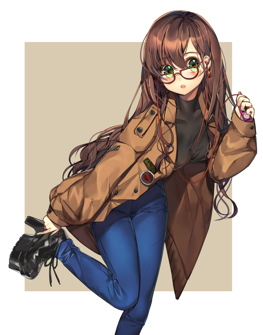 1girl, bangs, blush, breasts, brown_hair, coat, earrings, glasses
