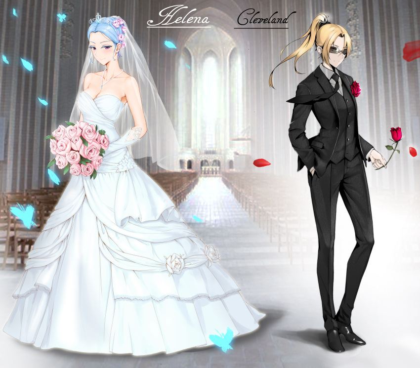 2girls, absurdres, alternate_hairstyle, azur_lane, blue_gloves, blue_hair, blue_wedding_dress, bouquet