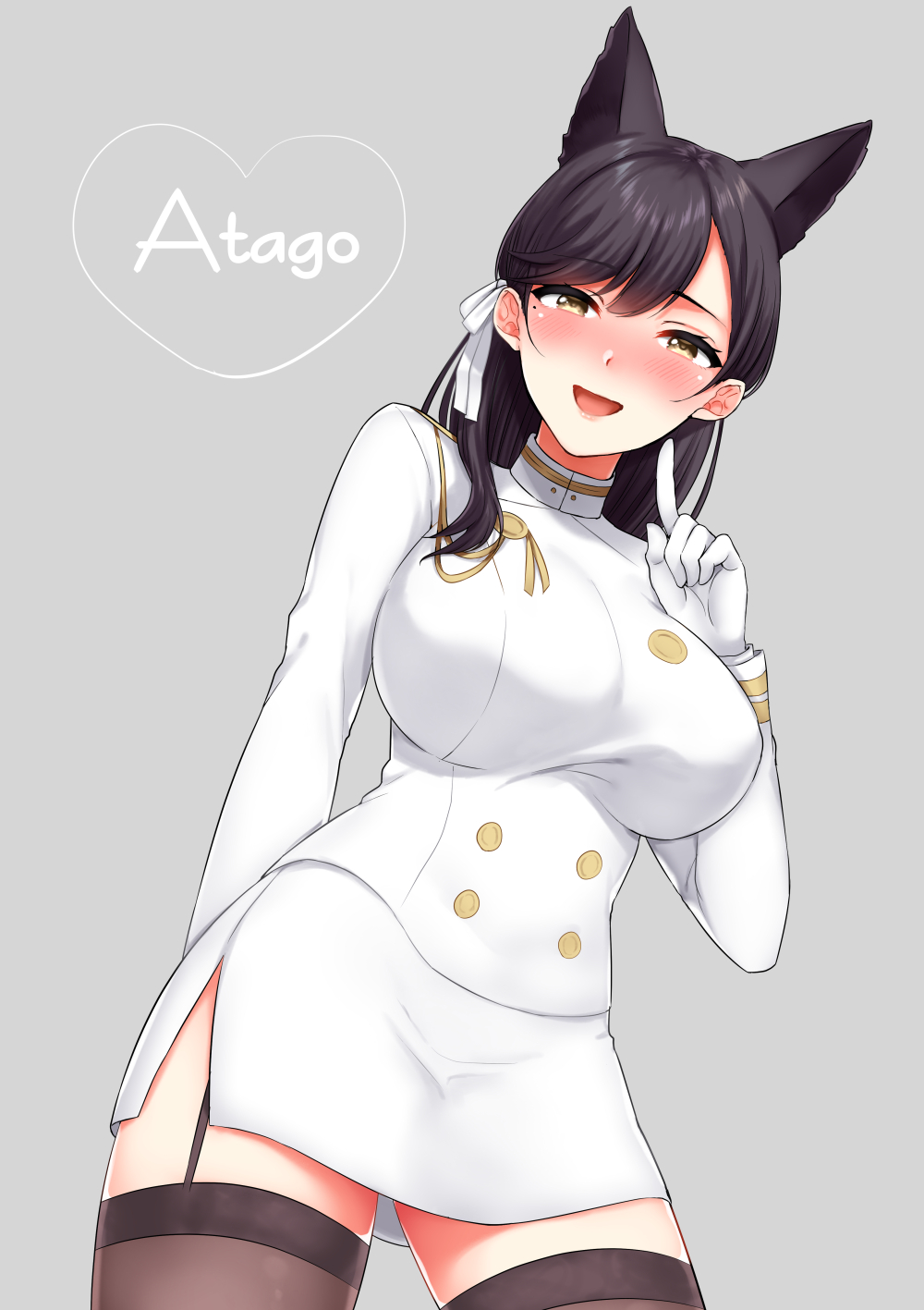 1girl, :d, animal_ears, atago_(azur_lane), azur_lane, bangs, black_hair, black_legwear, blush, breasts, character_name, commentary_request, eyebrows_visible_through_hair, garter_straps, gloves, heart, highres, kakino_nashiko, large_breasts, long_hair, military, military_uniform, miniskirt, mole, mole_under_eye, open_mouth, pencil_skirt, pointing, pointing_at_self, ribbon, side_slit, skirt, smile, solo, swept_bangs, thigh-highs, uniform, white_gloves, white_ribbon, white_skirt, yellow_eyes, zettai_ryouiki