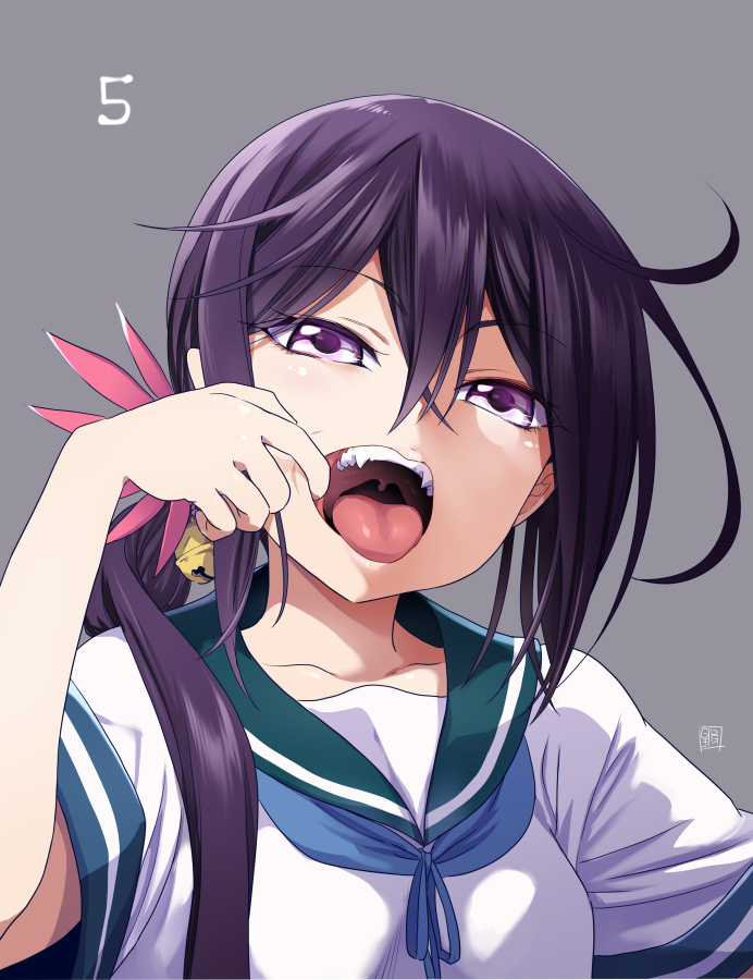 1girl, 5, ahoge, akebono_(kantai_collection), bangs, bell, blush, collarbone