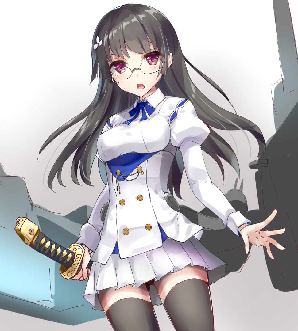 1girl, azur_lane, black_hair, black_legwear, blue_bow, blue_neckwear, bow, bowtie, buttons, choukai_(azur_lane), choukai_(azur_lane)_(cosplay), choukai_(kantai_collection), cosplay, eyebrows_visible_through_hair, glasses, holding, holding_sheath, juliet_sleeves, kantai_collection, long_hair, long_sleeves, namesake, open_mouth, pleated_skirt, puffy_sleeves, red_eyes, rimless_eyewear, sheath, shirt, skirt, solo, tenrai, thigh-highs, white_shirt, white_skirt