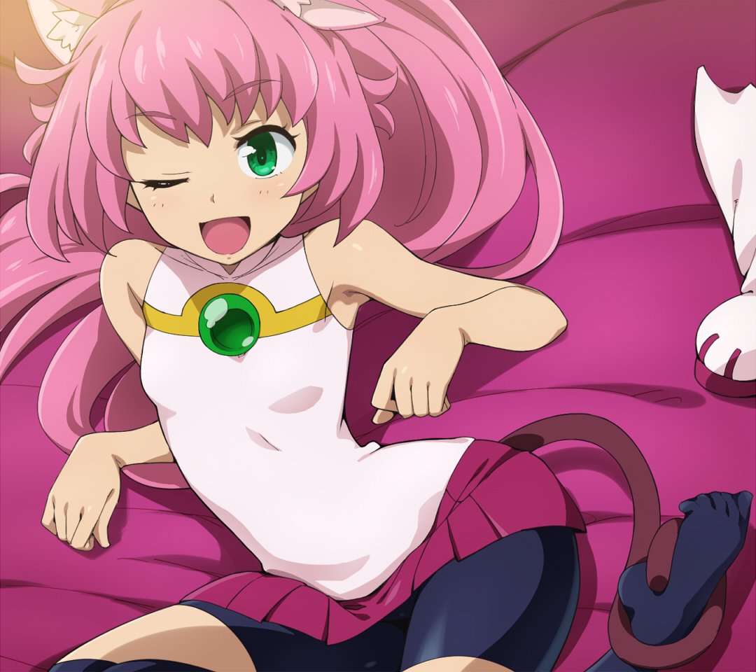 1girl, ;d, animal_ears, arm_support, bare_shoulders, bed_sheet, bike_shorts, black_legwear