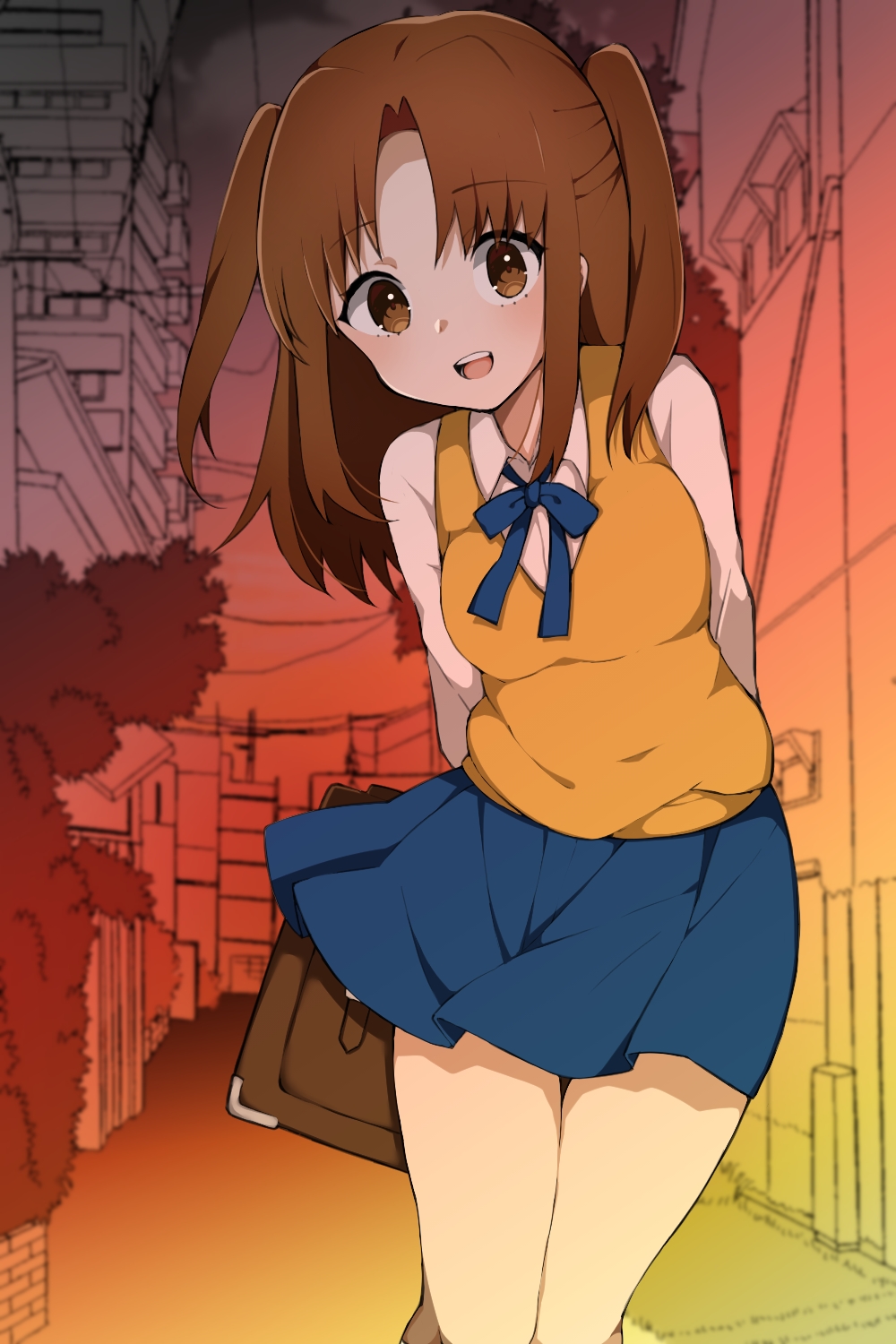 1girl, blue_skirt, brown_hair, highres, skirt, sweater_vest, takae_(poupee_en_biscuit), tsukihime
