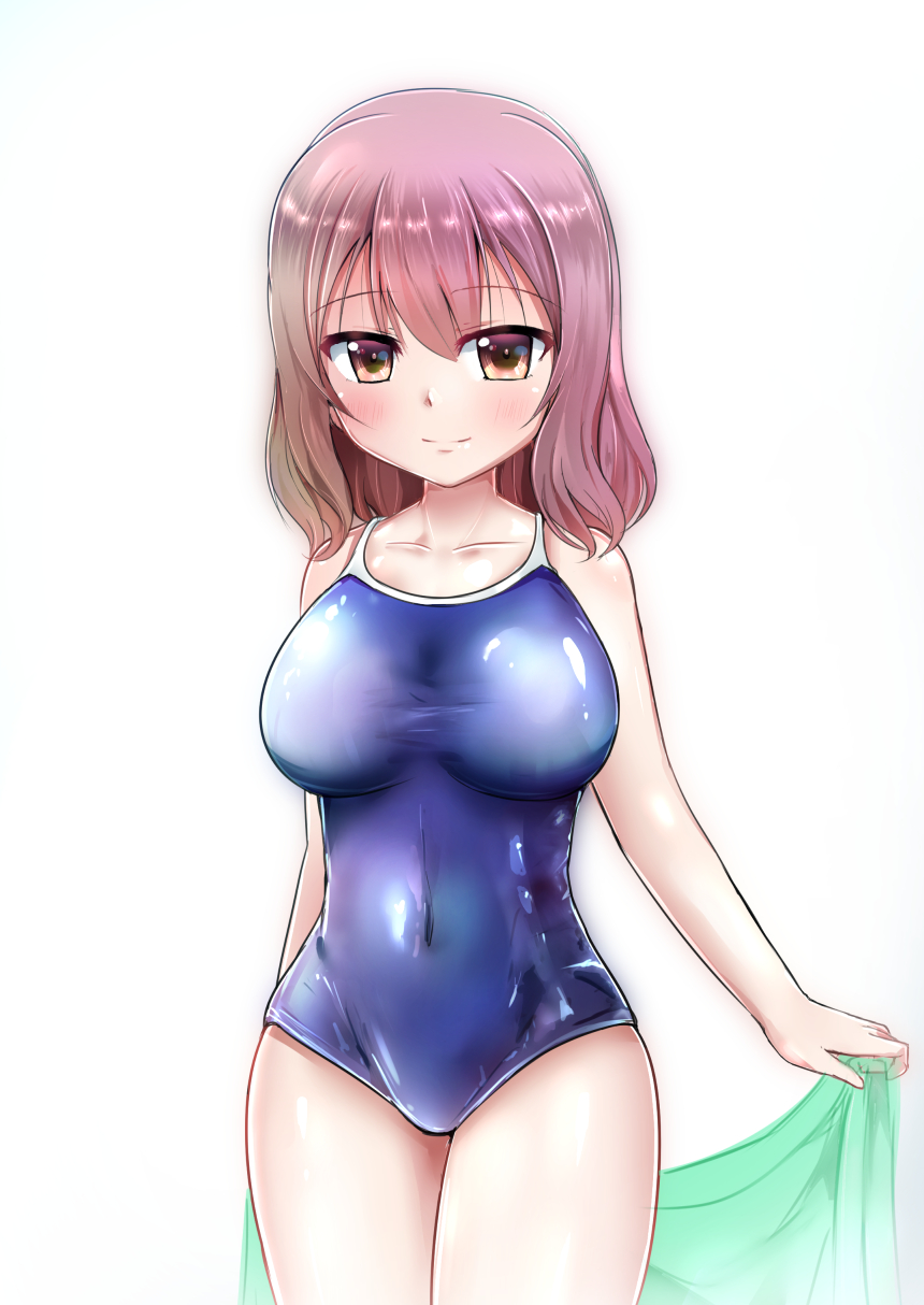 1girl, breasts, brown_eyes, brown_hair, competition_school_swimsuit, competition_swimsuit, graphite_(medium), highres