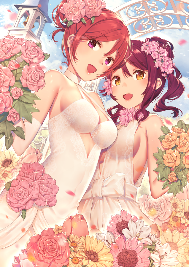 2girls, :d, alternate_hairstyle, arch, bell_tower, bouquet, breasts, choker