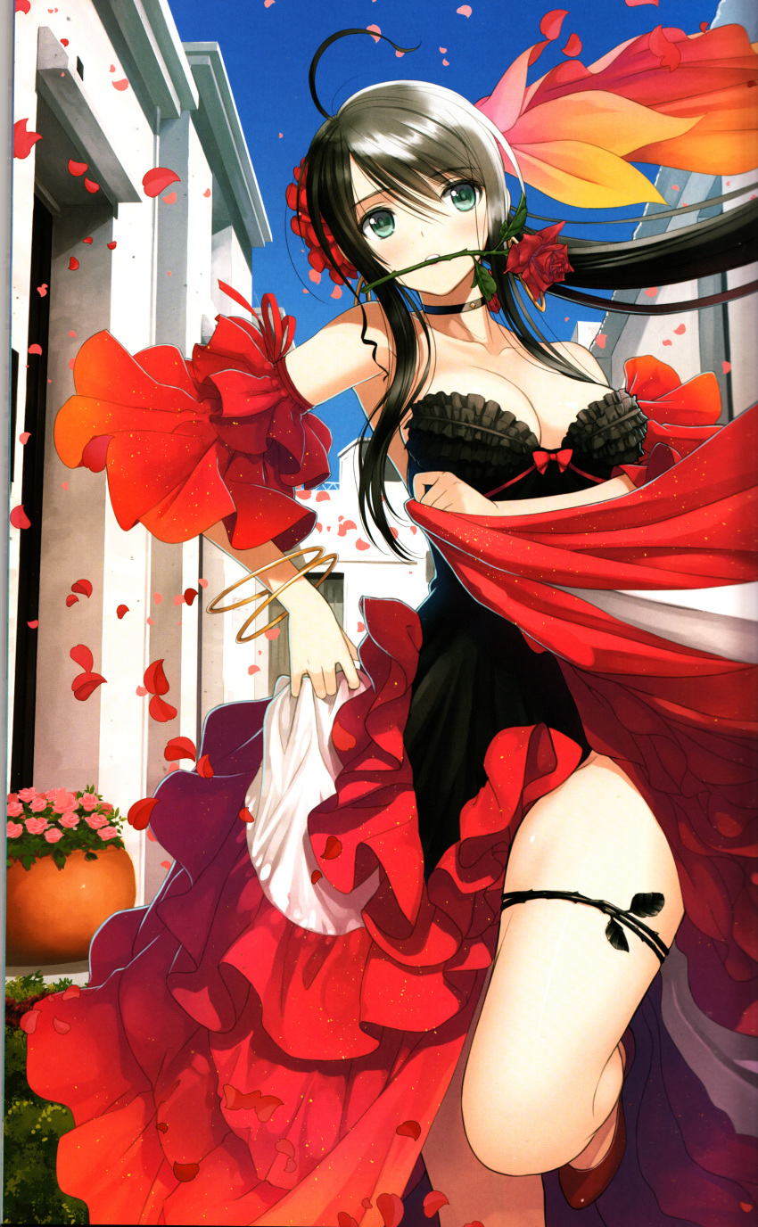 1girl, absurdres, ahoge, armpits, bare_legs, bare_shoulders, black_hair, blue_eyes