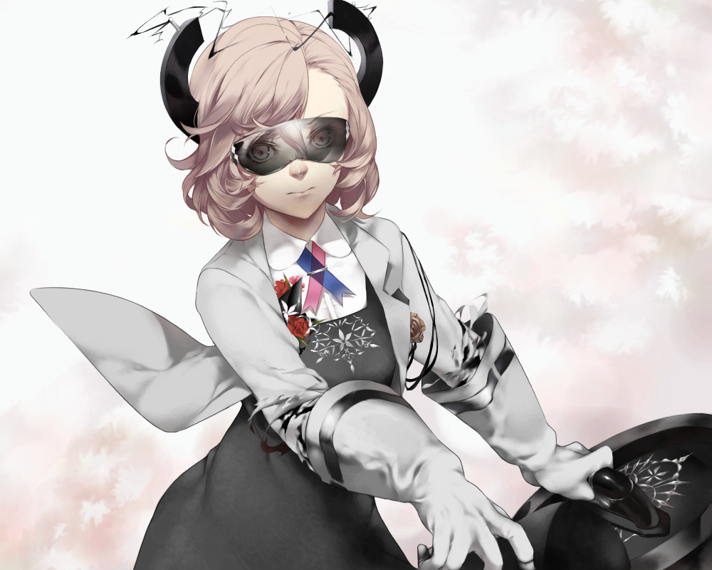 1girl, amamoto_ayana, brown_eyes, brown_hair, caligula_(game), electricity, flower, glasses, gloves, haruno14, horns, looking_at_viewer, school_uniform, serious, solo, torn_clothes