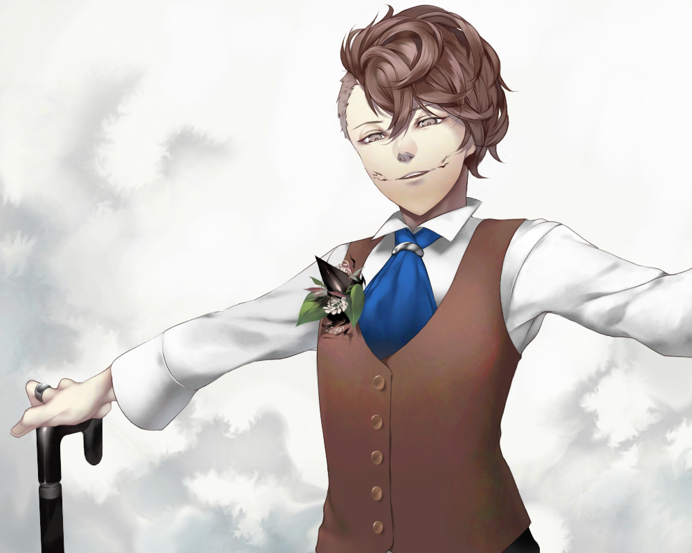 1boy, asymmetrical_hair, biwasaka_eiji, brown_eyes, brown_hair, caligula_(game), cane, cracked_skin, flower, haruno14, jewelry, necktie, outstretched_arms, ring, solo, spread_arms, vest