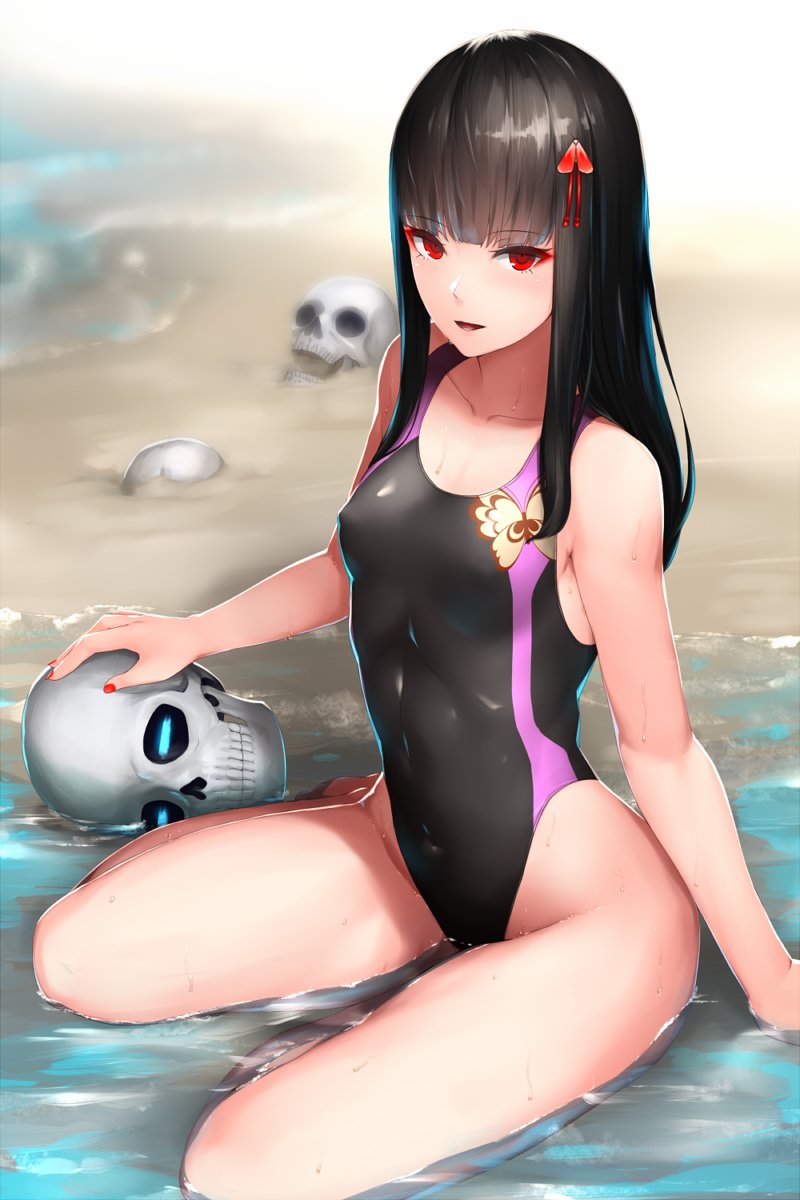 1girl, black_hair, black_swimsuit, bug, butterfly, competition_swimsuit, fate/grand_order, fate_(series), flat_chest, highres, insect, kageshio_(276006), koha-ace, long_hair, looking_at_viewer, oda_nobunaga_(fate), one-piece_swimsuit, red_eyes, sitting, skull, solo, swimsuit, waves, yokozuwari