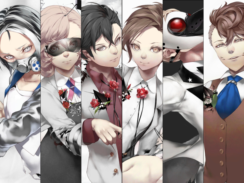 3boys, 3girls, amamoto_ayana, asymmetrical_hair, biwasaka_eiji, black_hair, blonde_hair, brown_eyes