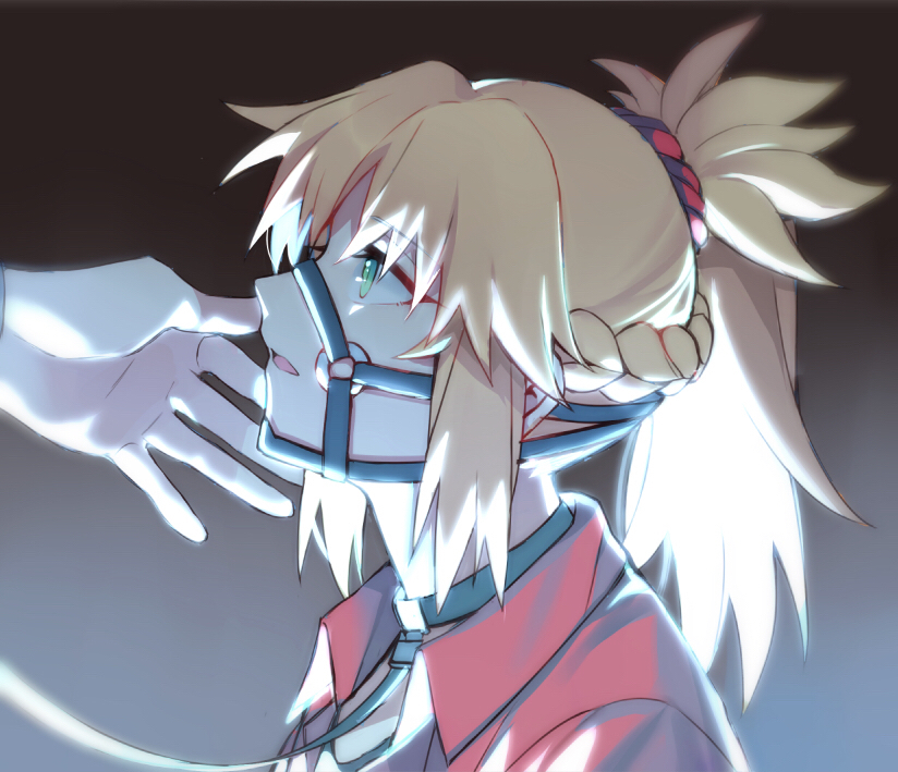 1girl, bangs, blonde_hair, braid, bridle, brown_background, collar, collared_jacket