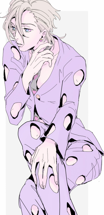 1boy, blue_eyes, earrings, food, fruit, grey_hair, holes, jewelry, jojo_no_kimyou_na_bouken, looking_to_the_side, male_focus, moku_(mocm), necktie, no_shirt, pannacotta_fugo, strawberry, torn_clothes