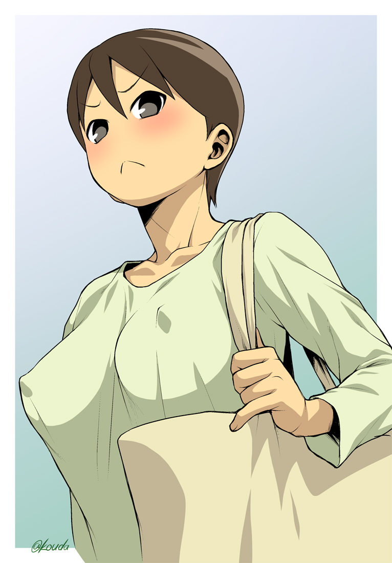 1girl, bag, blush, breasts, brown_hair, covered_nipples, frown, grey_background