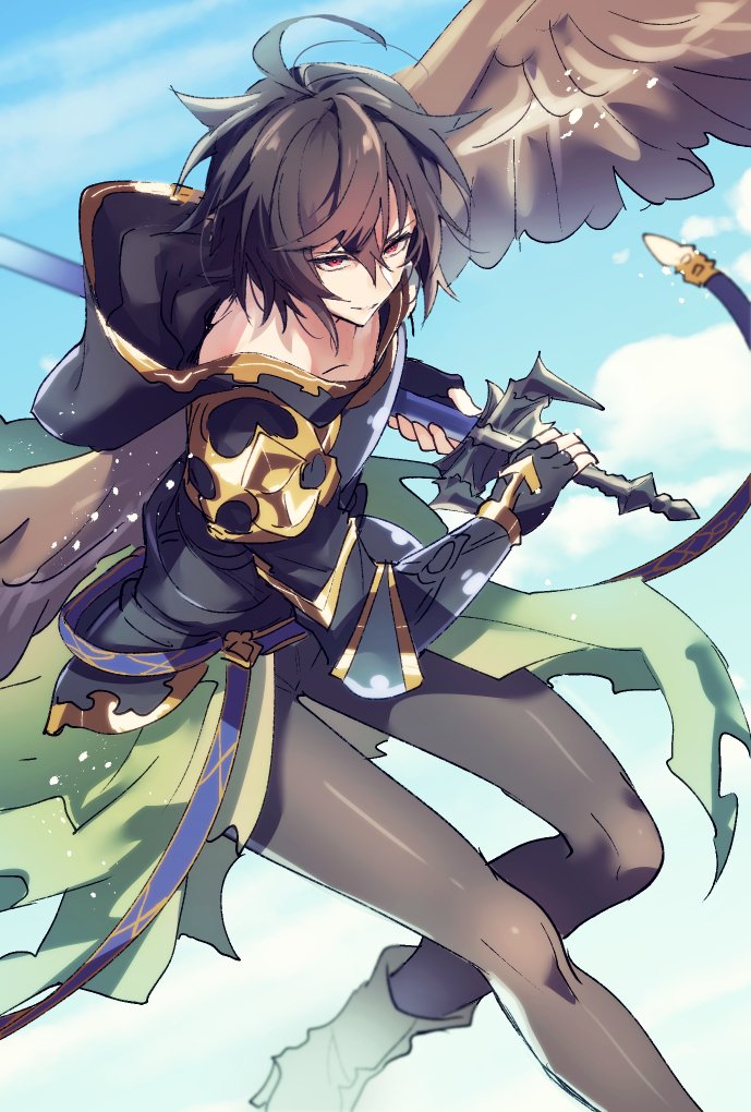 1boy, armor, brown_hair, fingerless_gloves, gloves, granblue_fantasy, hood, hood_down