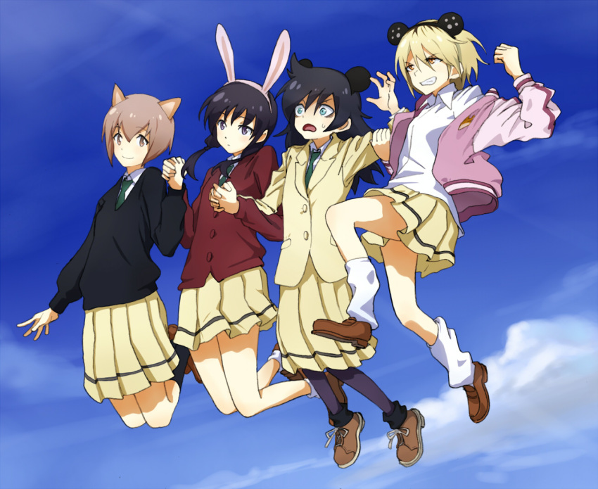 4girls, animal_ears, aqua_eyes, bags_under_eyes, bangs, black_hair, black_hairband, black_legwear
