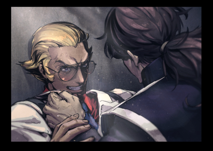 2boys, against_wall, bared_teeth, black_hair, blonde_hair, blue_eyes, commentary_request, confrontation