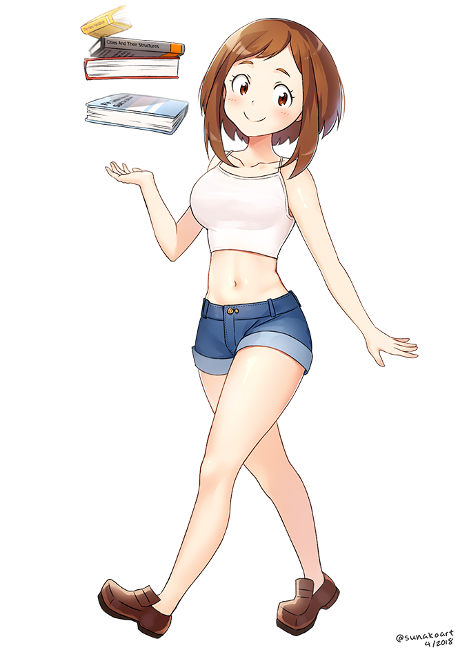 1girl, alternate_costume, bangs, bare_shoulders, boku_no_hero_academia, book, breasts, brown_eyes, brown_footwear, brown_hair, c:, camisole, casual, collarbone, crop_top, dated, floating, looking_at_viewer, medium_breasts, midriff, navel, shoes, short_hair, short_shorts, shorts, sidelocks, simple_background, solo, sunako_(veera), swept_bangs, textbook, twitter_username, uraraka_ochako, walking, white_background