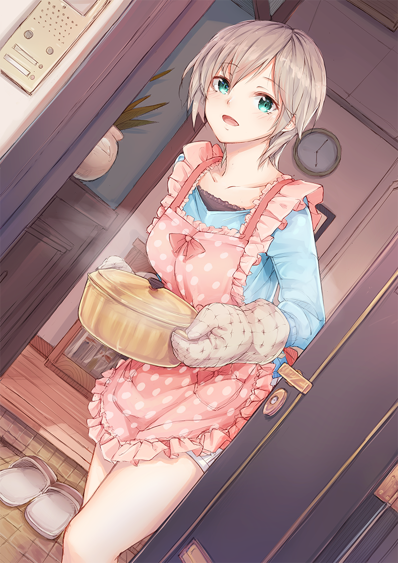 1girl, anastasia_(idolmaster), apron, breasts, commentary_request, eleaclarisse, idolmaster, idolmaster_cinderella_girls