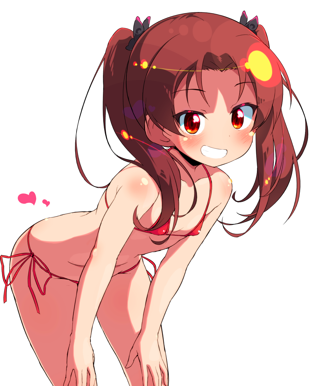 1girl, aries, bangs, bikini, black_ribbon, breasts, brown_eyes, brown_hair, commentary_request, girls_und_panzer, grin, hair_ribbon, hands_on_legs, heart, highres, japan, japan_(hetalia), japan_air_self-defense_force, japan_ground_self-defense_force, japan_maritime_self-defense_force, japan_self-defense_force, japanese, japanese_crested_ibis_(kemono_friends), japanese_flag, kadotani_anzu, leaning_forward, lens_flare, long_hair, looking_at_viewer, micro_bikini, parted_bangs, red_bikini, red_eyes, red_hair, ribbon, shiny, shiny_hair, side-tie_bikini, simple_background, small_breasts, smile, solo, standing, sw, swimsuit, twintails, white_background