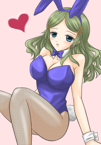 blue_eyes, breasts, bunny_ears, bunnysuit, cleavage, fishnet_pantyhose, fishnets, green_hair