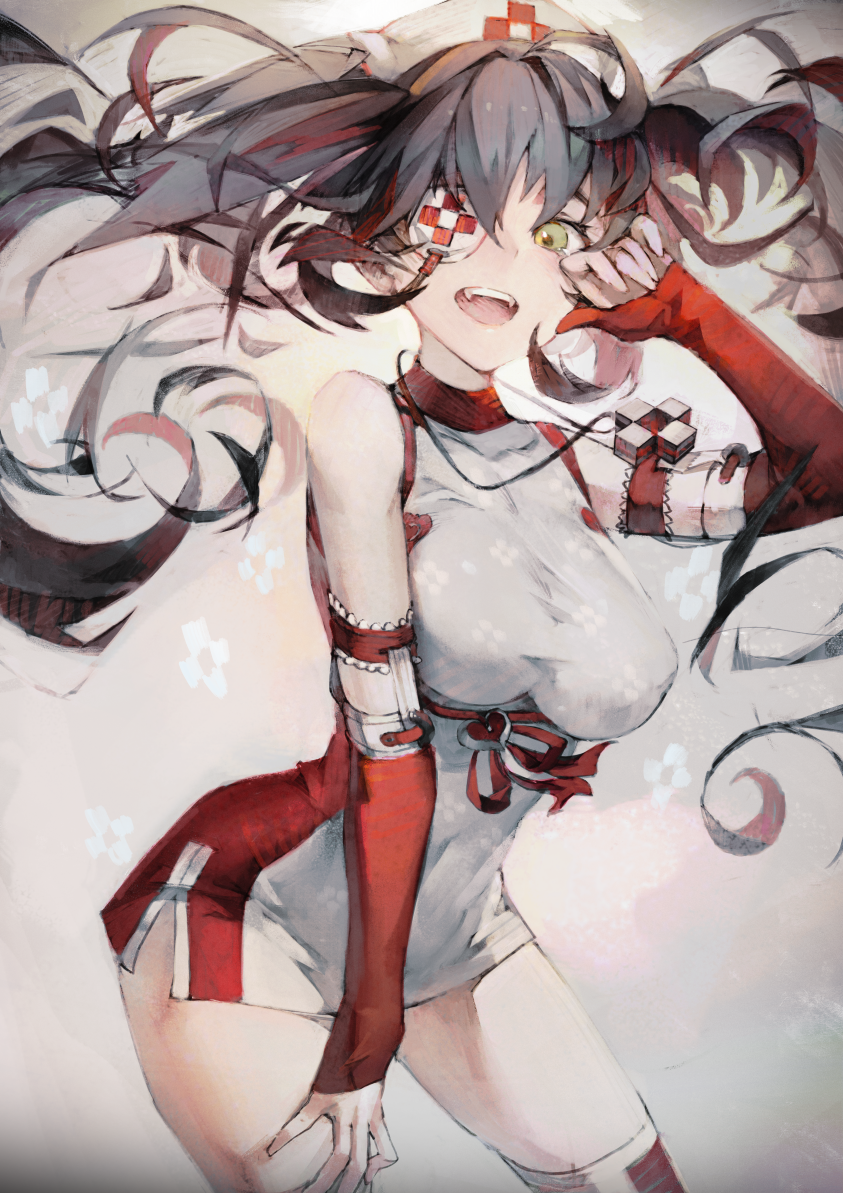 1girl, :d, black_hair, breasts, covered_navel, cowboy_shot, demeter_(destiny_child), destiny_child, detached_sleeves, dress, eyepatch, green_eyes, hand_on_own_thigh, hat, hong, jewelry, large_breasts, long_hair, necklace, nurse_cap, open_mouth, short_dress, sleeves_past_wrists, smile, solo, taut_clothes, taut_dress, thigh-highs, twintails, white_dress
