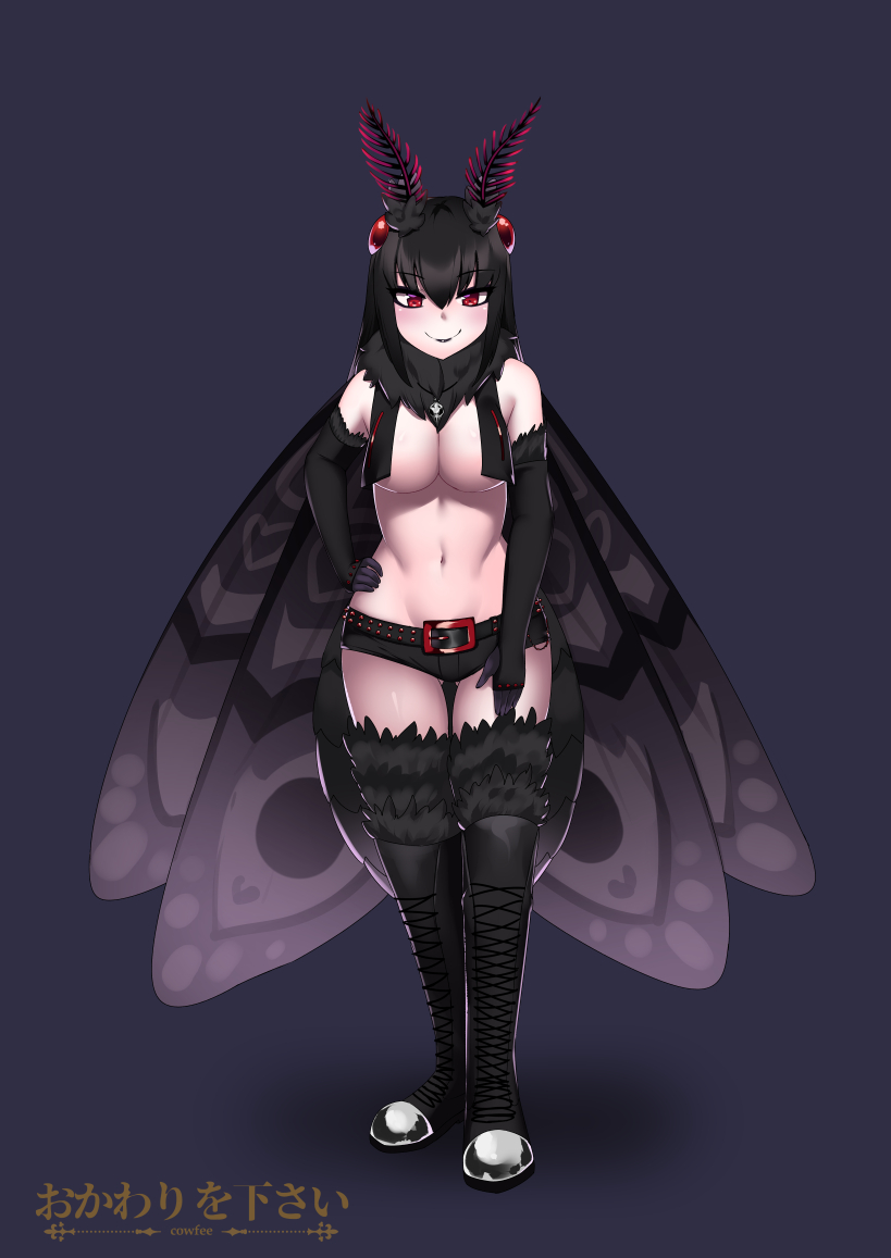 1girl, antennae, ass_visible_through_thighs, bare_shoulders, belt, black_footwear, black_gloves, black_hair, black_lipstick, black_shorts, boots, breasts, commentary, commission, elbow_gloves, english_commentary, eyebrows_visible_through_hair, full_body, fur_collar, gloves, hair_between_eyes, hand_on_hip, kaafi, lipstick, looking_at_viewer, makeup, medium_breasts, micro_shorts, monster_girl, monster_girl_encyclopedia, moth_girl, moth_wings, mothman_(monster_girl_encyclopedia), navel, red_eyes, shorts, simple_background, skull_necklace, smile, solo, thigh-highs, thigh_boots, thigh_gap, wings
