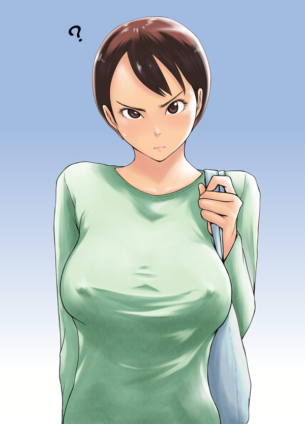 >:|, 1girl, ?, arm_at_side, bag, blue_background, breasts, brown_eyes