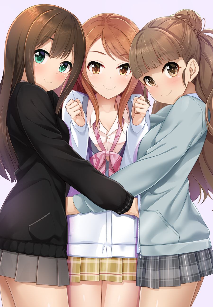 3girls, bangs, black_sweater, blue_sweater, blunt_bangs, blush, brown_eyes, brown_hair