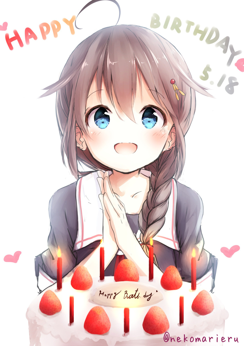 1girl, absurdres, ahoge, birthday_cake, black_hair, black_serafuku, blue_eyes, braid