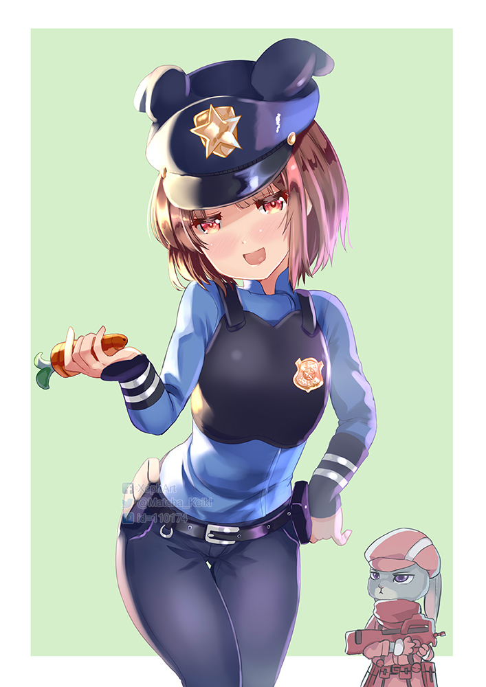 1girl, :d, animal, animal_ears, belt_buckle, black_belt, black_hat, black_pants