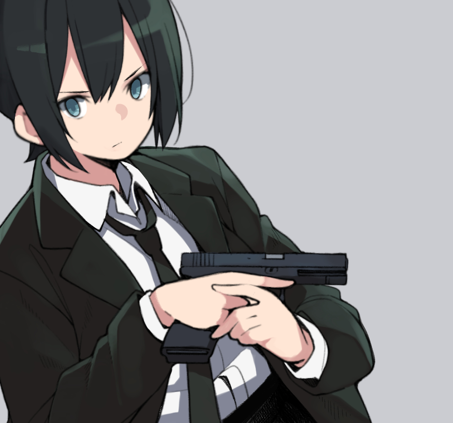 1girl, akagawa007, black_hair, blue_eyes, formal, glock, gun, handgun, holding, holding_gun, holding_weapon, original, reverse_trap, short_hair, simple_background, solo, suit, weapon