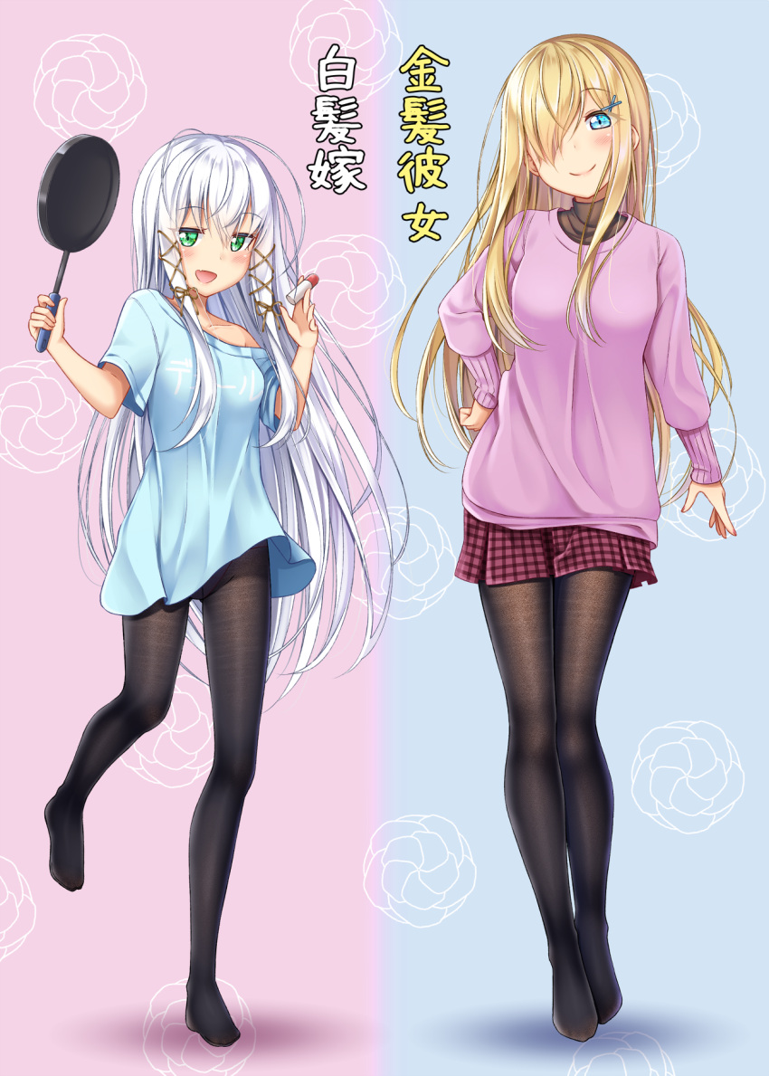 2girls, :d, bangs, black_legwear, blonde_hair, blue_background, blue_eyes, blue_shirt, blush, breasts, brown_ribbon, closed_mouth, collarbone, commentary_request, eyebrows_visible_through_hair, fang, fine_fabric_emphasis, frying_pan, gradient, gradient_background, green_eyes, gurande_(g-size), gusset, hair_between_eyes, hair_ornament, hair_over_one_eye, hair_ribbon, highres, holding, koide_niru, long_hair, looking_at_viewer, medium_breasts, multiple_girls, no_shoes, off_shoulder, open_mouth, original, panties, panties_under_pantyhose, pantyhose, pink_background, pink_panties, pink_shirt, plaid, plaid_skirt, pleated_skirt, red_skirt, ribbon, shirt, silver_hair, skirt, smile, standing, standing_on_one_leg, translated, underwear, very_long_hair, x_hair_ornament, yogiashi_touka