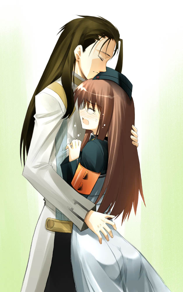 1girl, black_hair, brown_hair, chin_rest, closed_eyes, couple, glasses, hat