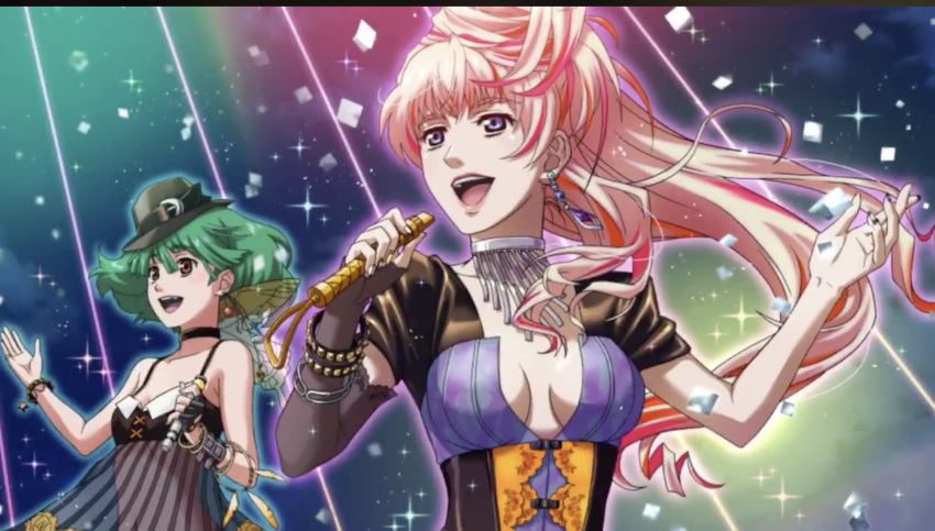 2girls, anniversary, blonde_hair, blue_eyes, bracelet, breasts, cleavage_cutout, corset, earrings, fancy_hair, green_hair, hat, highres, jewelry, macross, macross_frontier, medium_breasts, microphone, multicolored_hair, multiple_girls, music, necklace, official_art, pink_hair, ranka_lee, red_eyes, see-through, sheryl_nome, singing, small_breasts, two-tone_hair, unknown_artist, uta_macross_sumaho_deculture