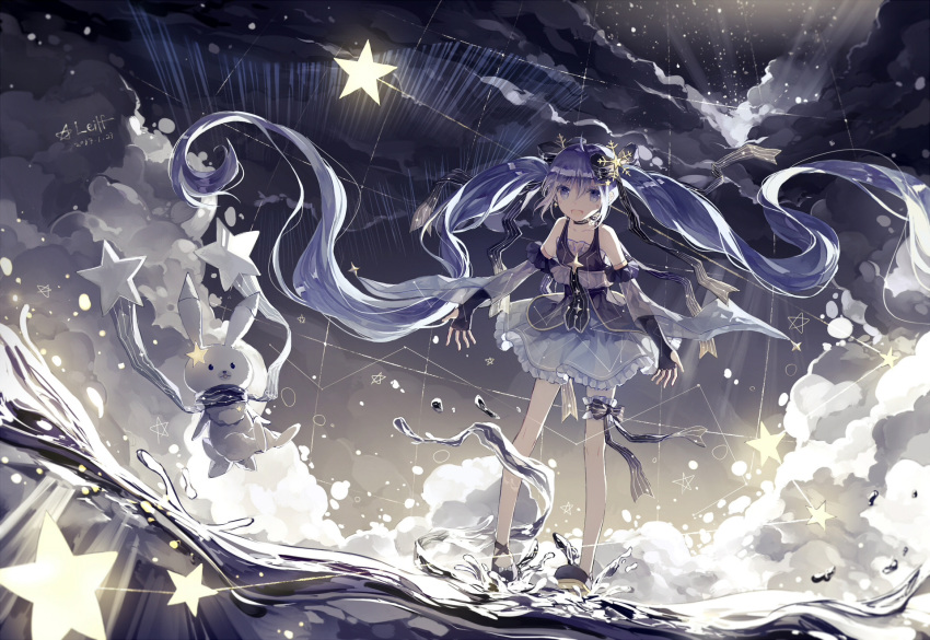1girl, aqua_eyes, aqua_hair, artist_name, ballet_slippers, black_bow, black_hair, black_ribbon