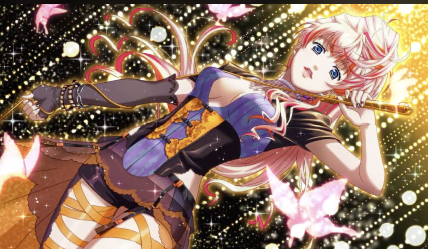 1girl, anniversary, blonde_hair, blue_eyes, bracelet, breasts, cleavage_cutout, corset, detached_sleeves, earrings, fancy_hair, highres, jewelry, macross, macross_frontier, medium_breasts, microphone, multicolored_hair, music, necklace, official_art, one_sleeve, pink_hair, sheryl_nome, singing, uta_macross_sumaho_deculture
