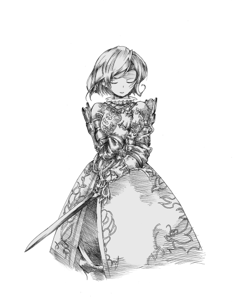 boots, closed_eyes, final_fantasy, final_fantasy_tactics_a2, final_fantasy_tactics_advance, frimelda_lotice, gauntlets, monochrome