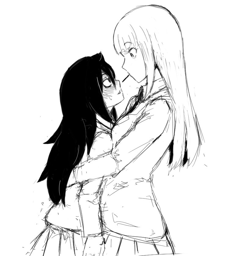2girls, blush, commentary_request, food, from_side, greyscale, hug, katou_asuka, kuroki_tomoko, long_hair, long_sleeves, looking_at_another, matu_gyu, monochrome, mouth_hold, multiple_girls, open_mouth, pleated_skirt, pocky, pocky_kiss, shared_food, sketch, skirt, watashi_ga_motenai_no_wa_dou_kangaetemo_omaera_ga_warui!, white_background, yuri