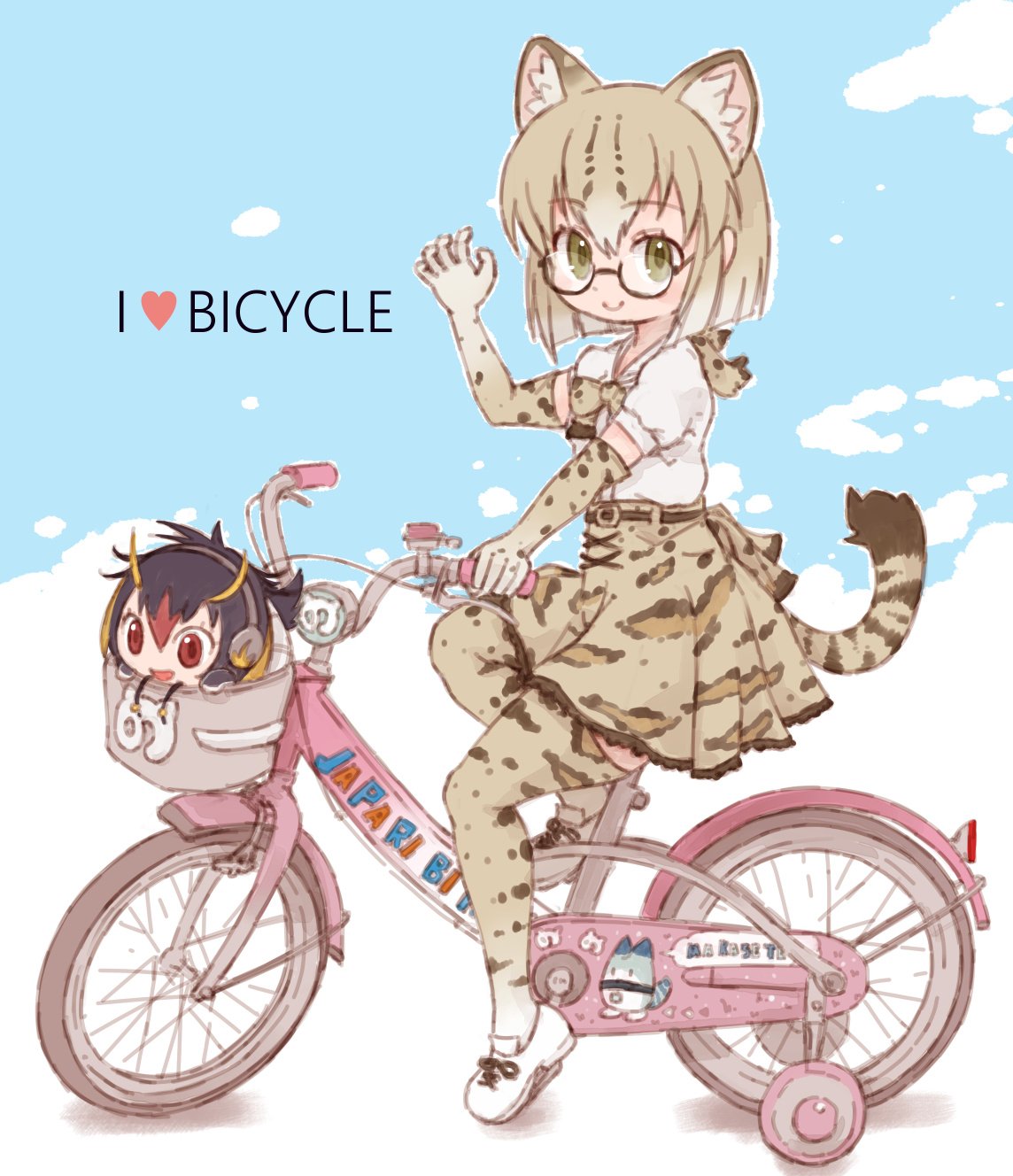 1girl, animal_ears, animal_print, bangs, belt, belt_buckle, bicycle, black-framed_eyewear, black_belt, bow, bowtie, brown_bow, brown_gloves, brown_neckwear, brown_skirt, buckle, cat_ears, cat_girl, cat_tail, character_doll, closed_mouth, elbow_gloves, engrish, eyebrows, eyebrows_visible_through_hair, eyelashes, facing_away, from_side, gloves, gradient_hair, green_eyes, ground_vehicle, hair_between_eyes, heart, highres, kemono_friends, kolshica, light_brown_hair, light_brown_legwear, looking_at_viewer, lucky_beast_(kemono_friends), margay_(kemono_friends), margay_print, miniskirt, multicolored, multicolored_clothes, multicolored_gloves, multicolored_hair, multicolored_legwear, ranguage, rockhopper_penguin_(kemono_friends), semi-rimless_eyewear, shadow, shirt, shoelaces, shoes, short_hair, sitting, skirt, smile, solo, tail, thigh-highs, under-rim_eyewear, white_footwear, white_gloves, white_hair, white_legwear, white_shirt, zettai_ryouiki