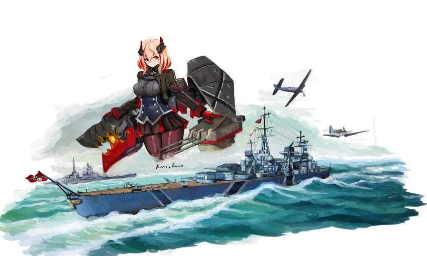 1girl, aircraft, azur_lane, cruiser, military, military_vehicle, name_tag, nazi