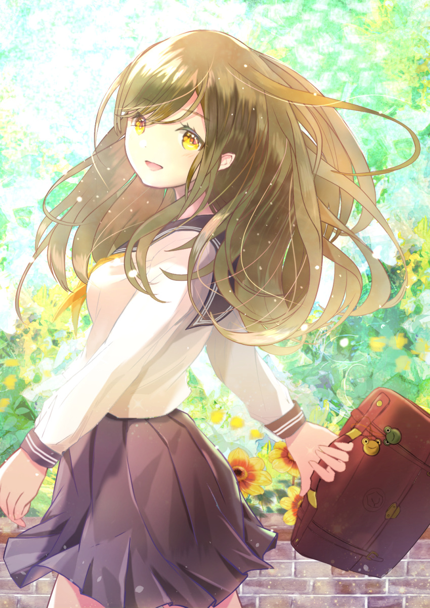 1girl, :d, bag, bag_charm, black_skirt, brown_hair, charm_(object), handbag