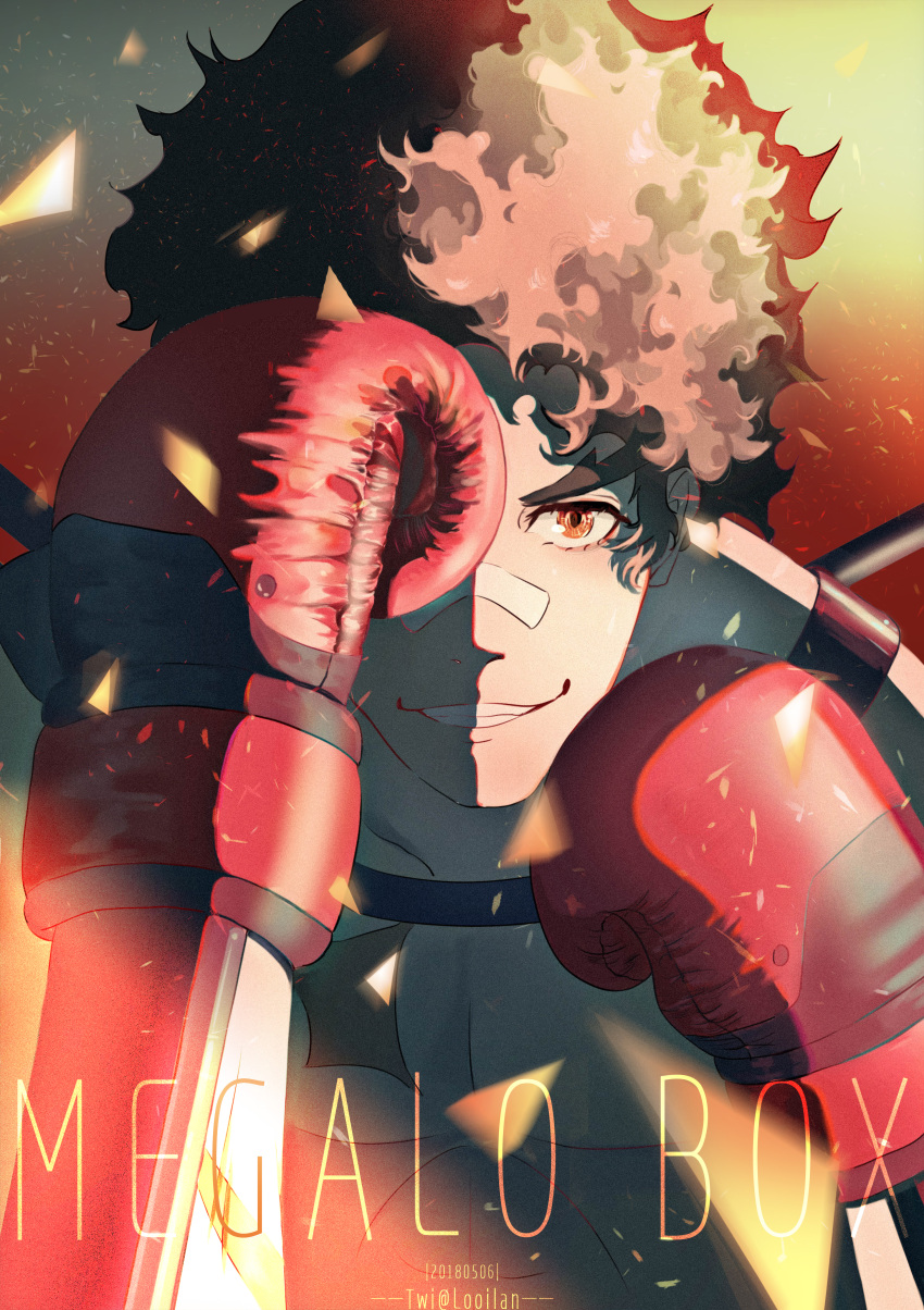 1boy, absurdres, bandage_on_face, boxing_gloves, brown_hair, copyright_name, covering_one_eye, dated