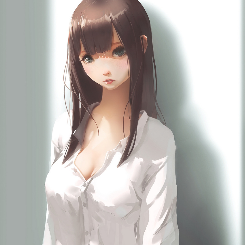 1girl, against_wall, bangs, breasts, brown_hair, cleavage, commentary, eyelashes