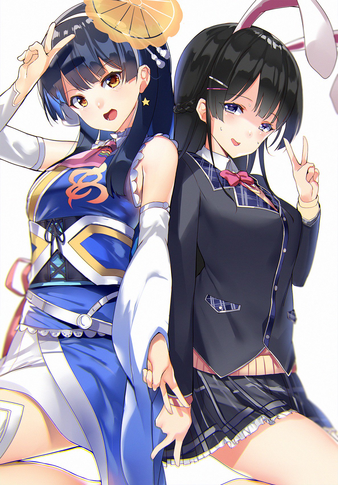 2girls, :d, animal_ears, black_hair, blazer, blue_hair, bow, bowtie
