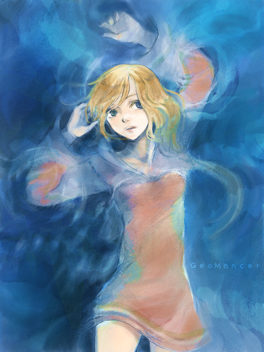 bad_id, blonde_hair, element_bender, final_fantasy, final_fantasy_tactics, floating, geomancer_(fft), heterochromia, kno, kno_(anahita), long_hair, lying, solo, water
