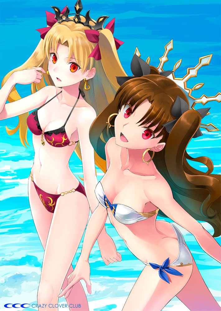 2girls, alternate_costume, arm, ass, bandeau, bangs, bare_arms, bare_legs